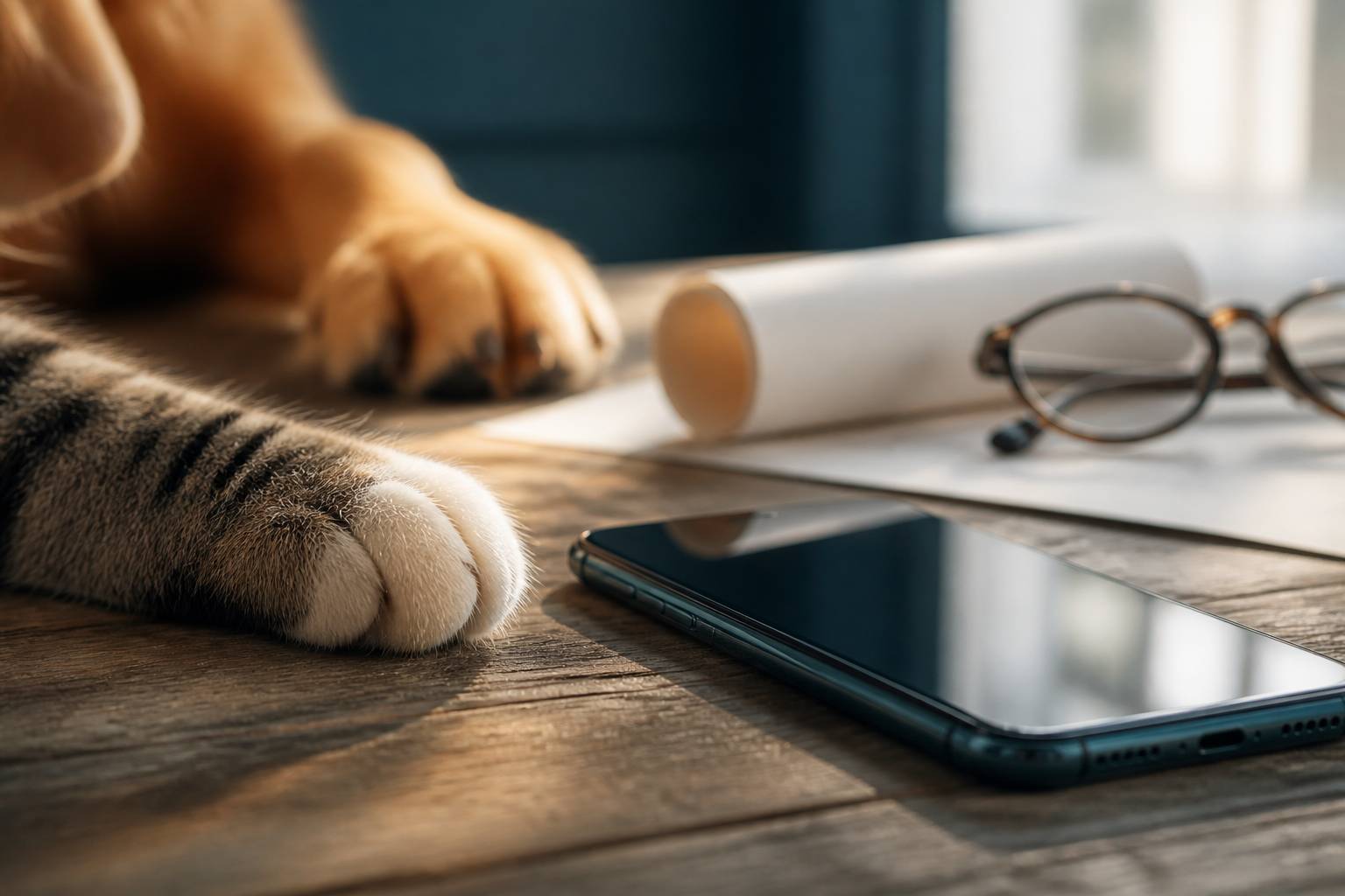 Zampa di gatto posata accanto a uno smartphone