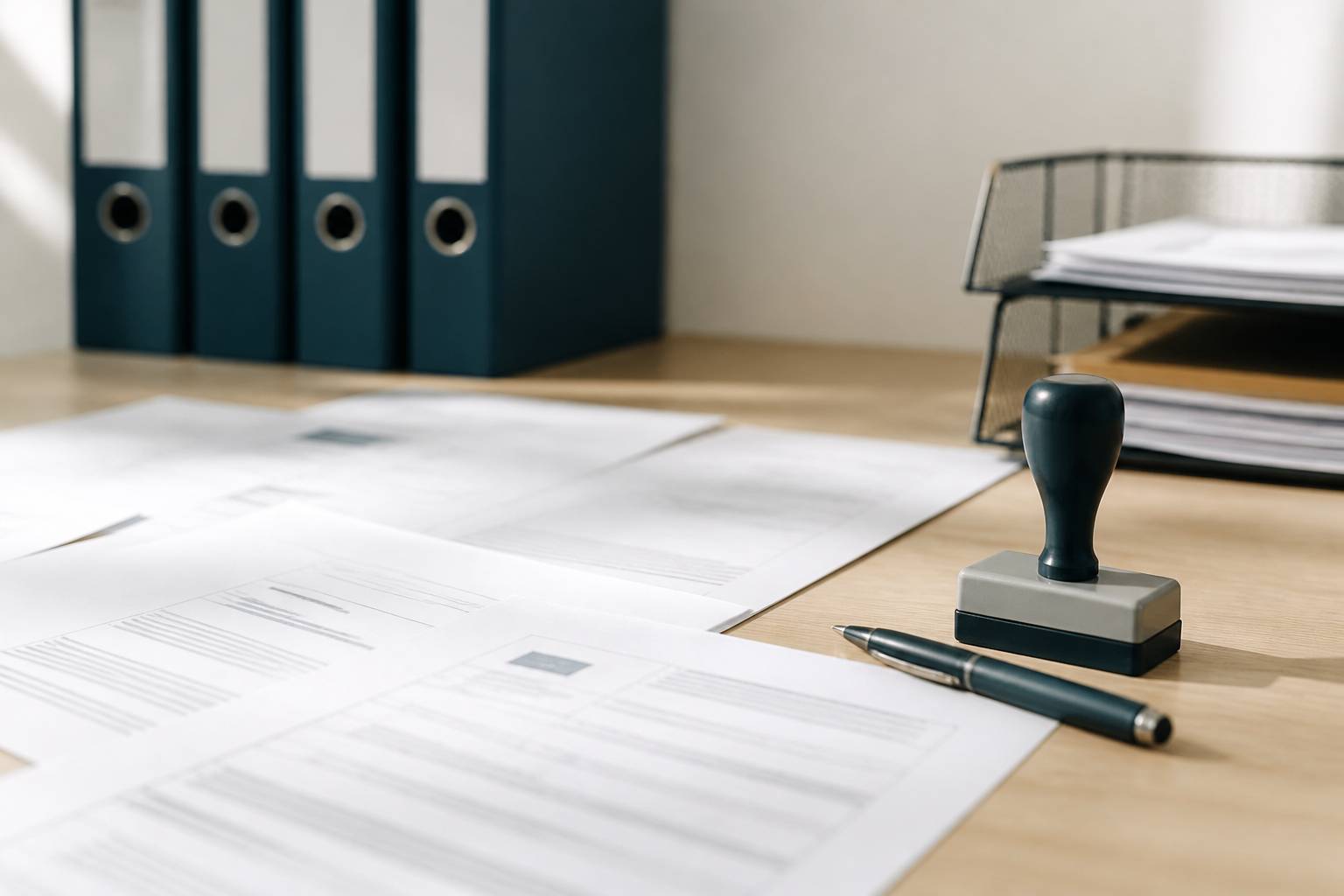 Documents administratifs aux mentions floues avec stylo et tampon sur un bureau