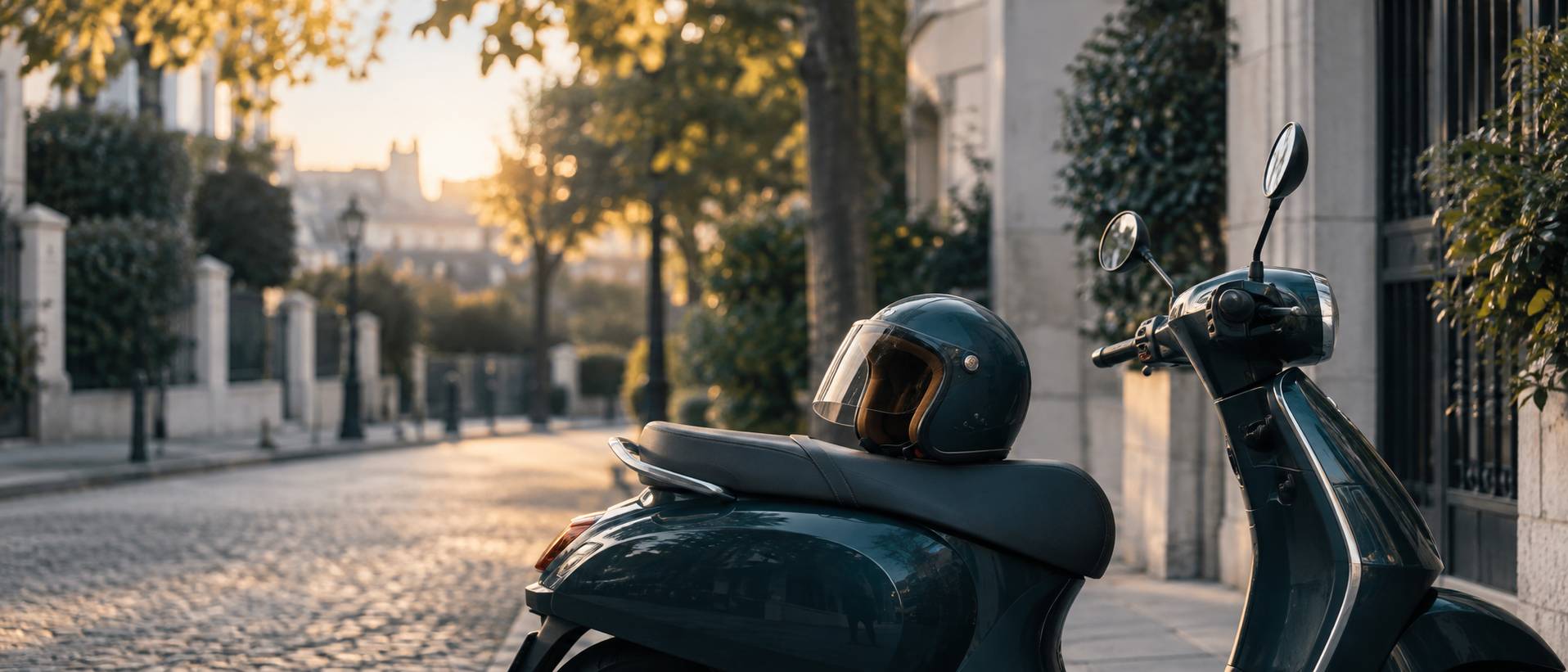 Scooter urbain de petite cylindrée stationné le long d'un trottoir, sans logo ni plaque lisible
