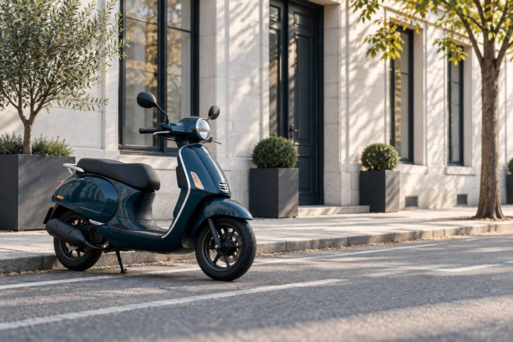 Scooter urbain de petite cylindrée stationné le long d'un trottoir, sans logo ni plaque lisible
