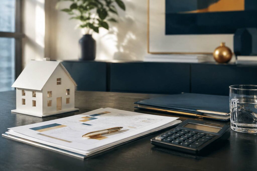 Bureau lumineux avec documents de prêt immobilier, calculatrice et maquette de maison