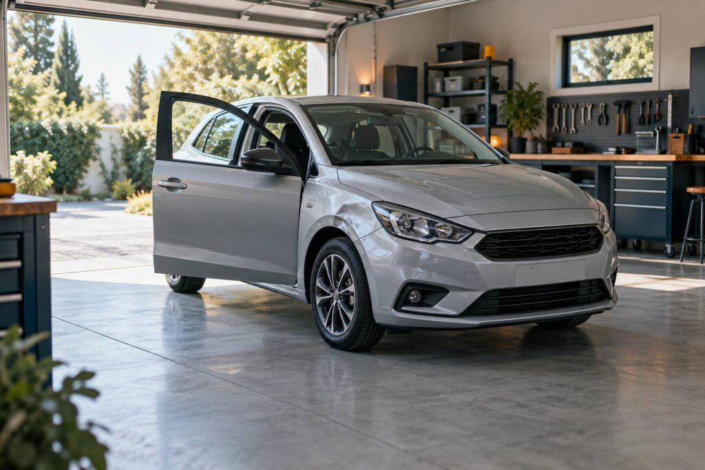 Voiture citadine générique avec léger enfoncement de carrosserie dans un garage lumineux