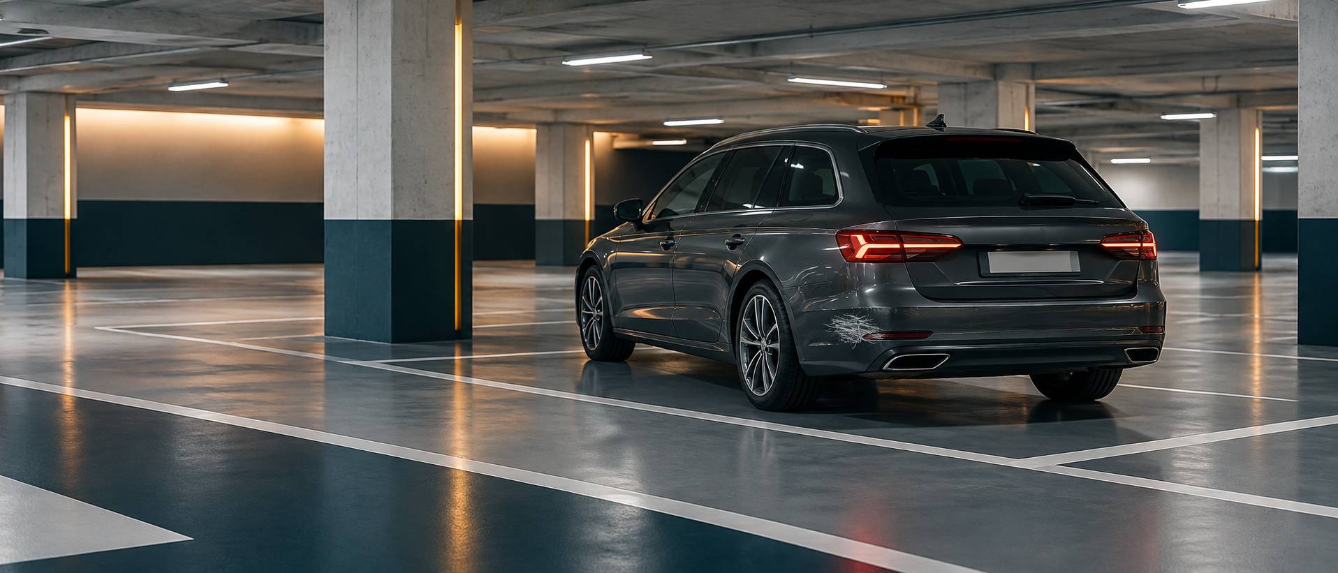 Voiture citadine générique avec léger enfoncement de carrosserie dans un garage lumineux