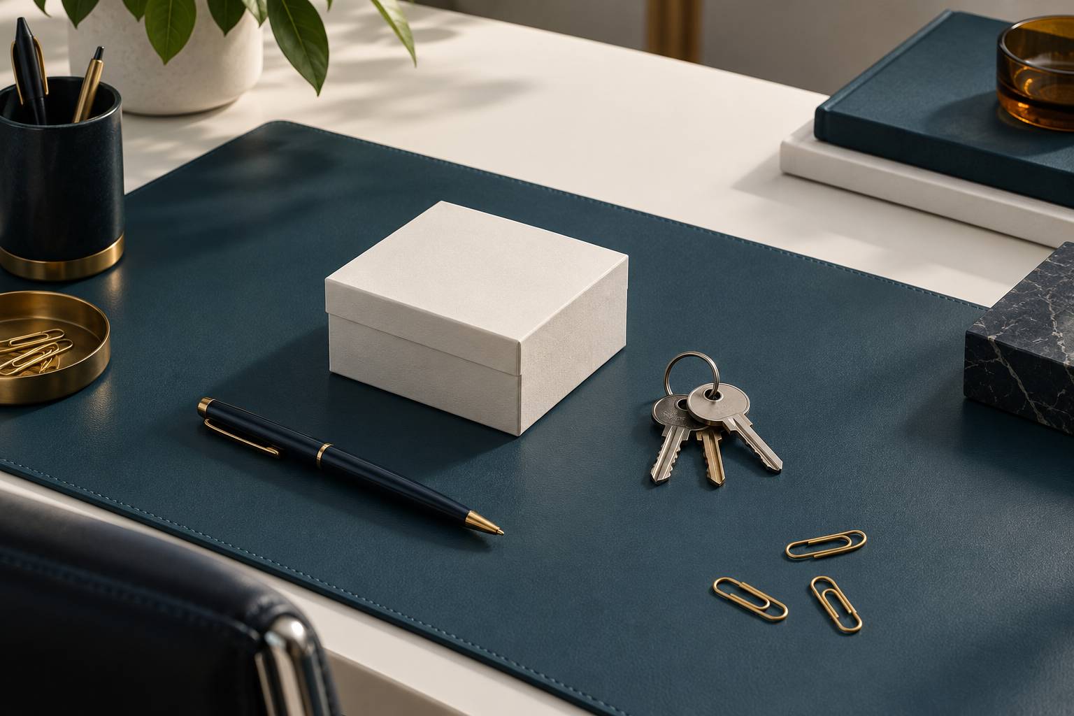 Boitier ferme et trousseau de clefs poses sur un sous-main de comptoir