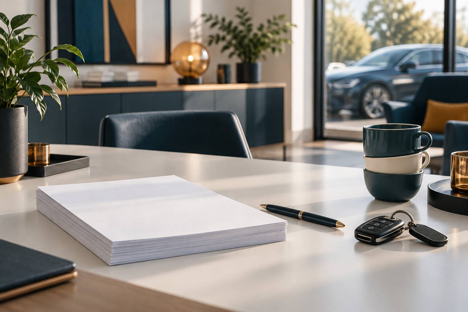 Documents vierges et clés de voiture posés sur un bureau de conseil