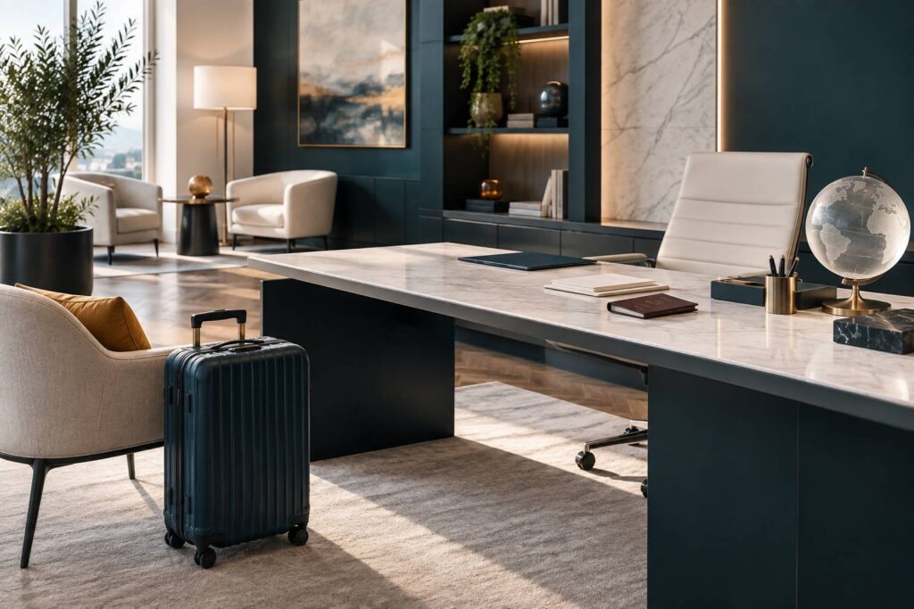 Bureau de conseil sobre avec valise et documents de voyage neutres
