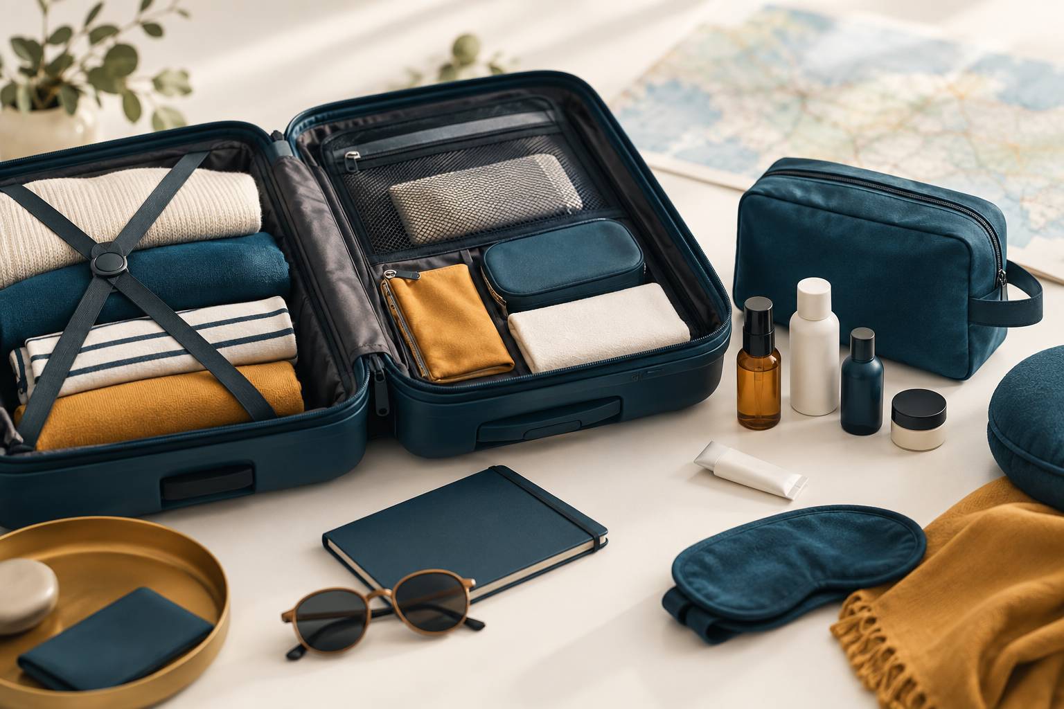 Trousse de premiers soins et valise rangée pour un départ en voyage