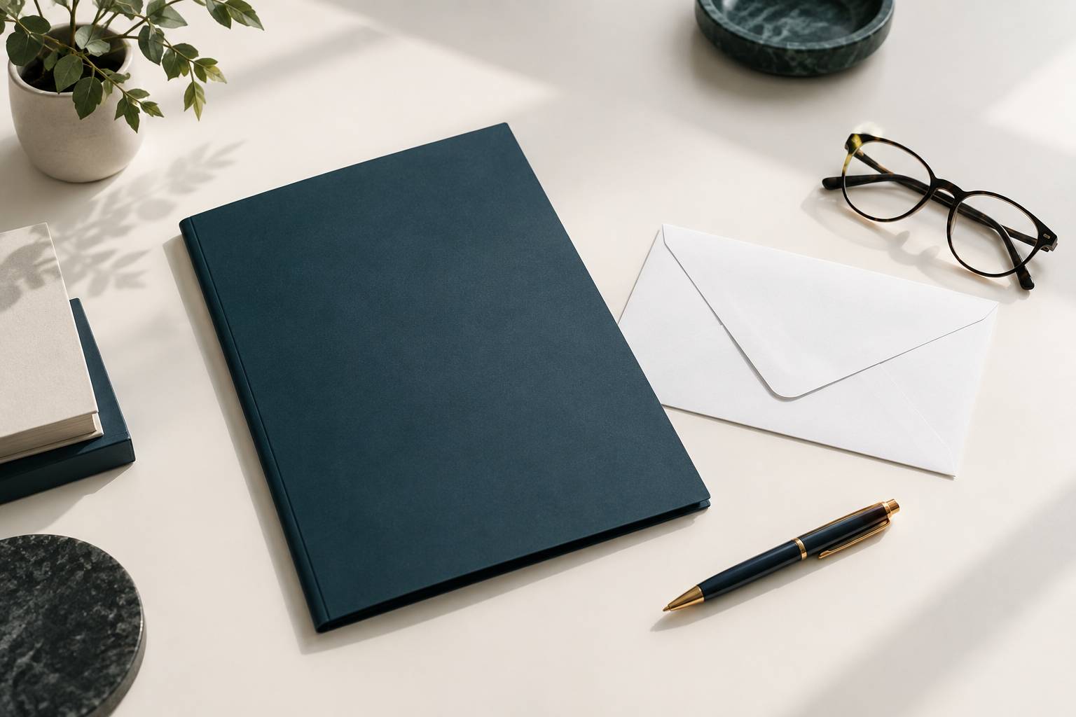 Chemise fermee, enveloppe vierge et stylo sur un bureau clair