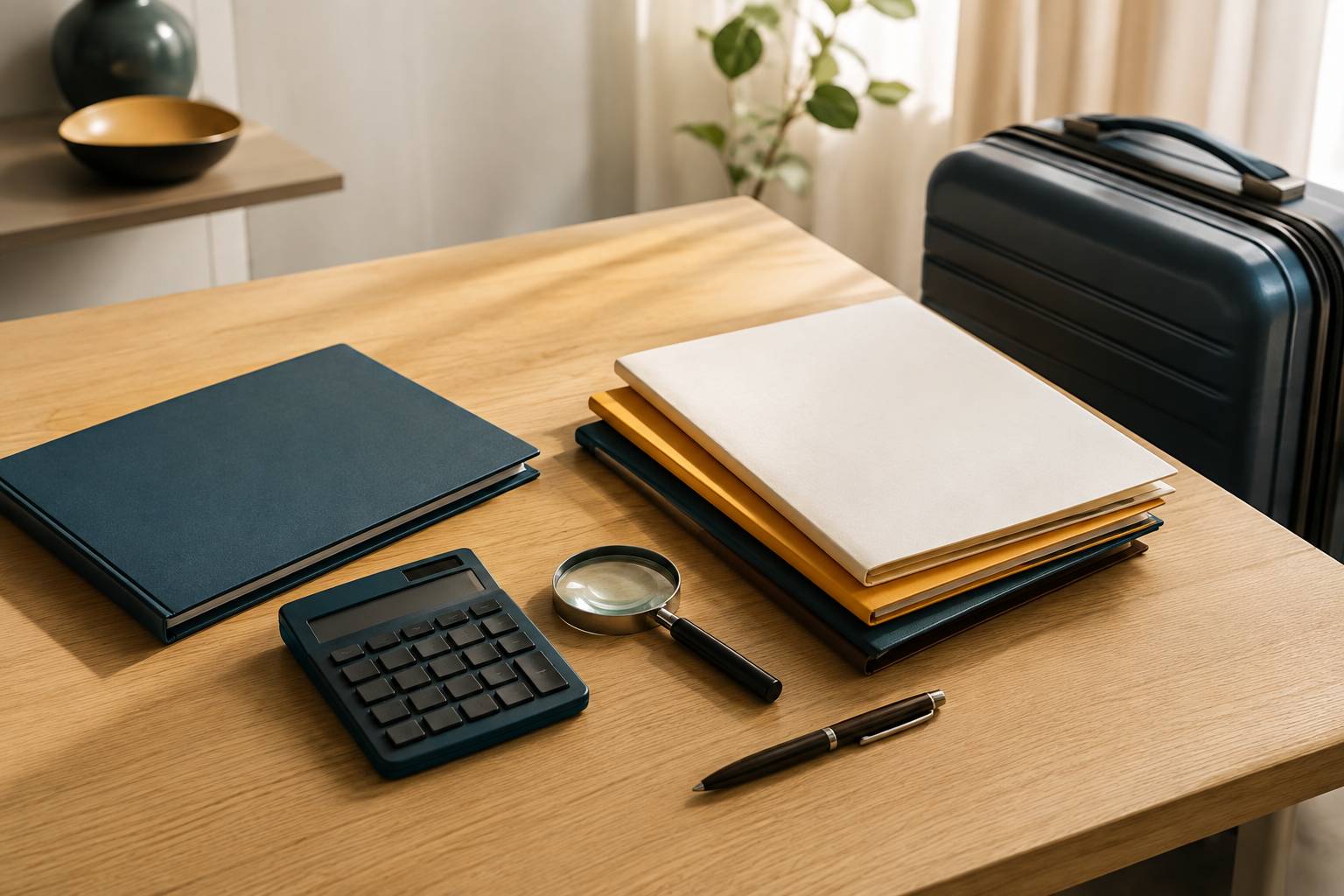 Table de travail claire avec calculatrice, loupe et brochures d'assurance fermées