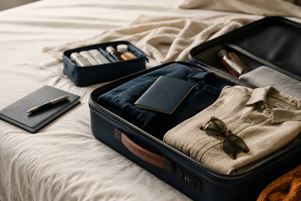 Valise cabine ouverte avec passeport et nécessaire de voyage sur un lit aux draps clairs