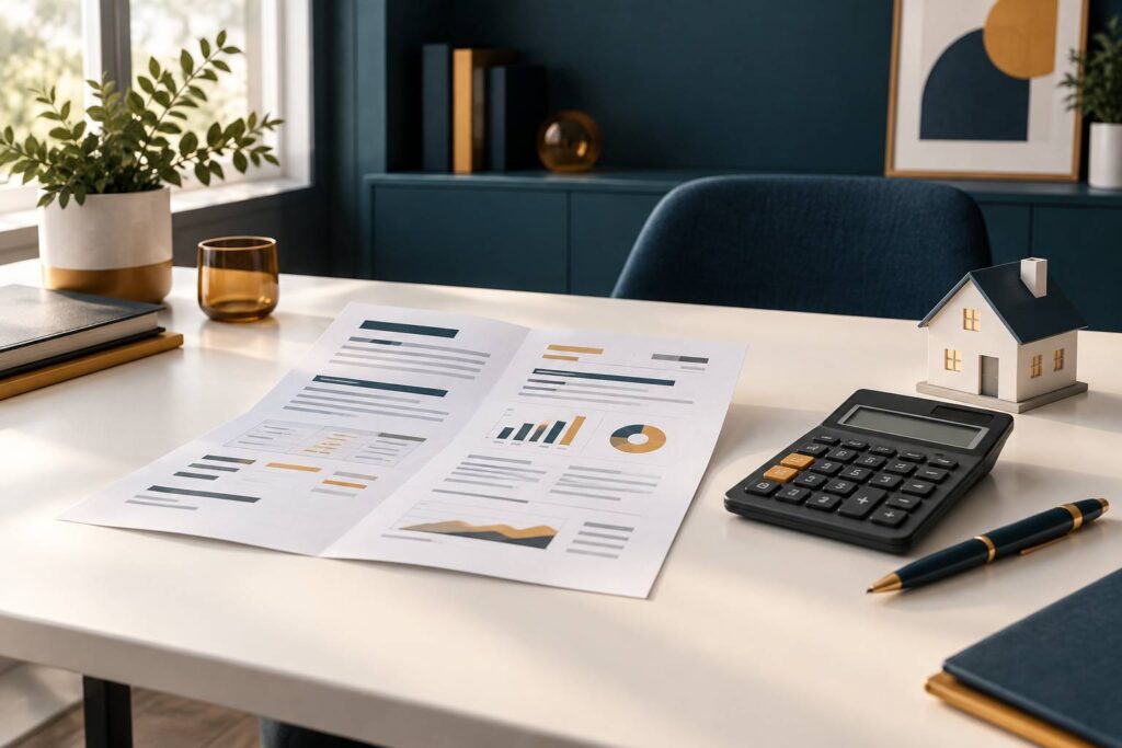 Facture d'énergie avec calculatrice et maquette de maison sur un bureau sobre