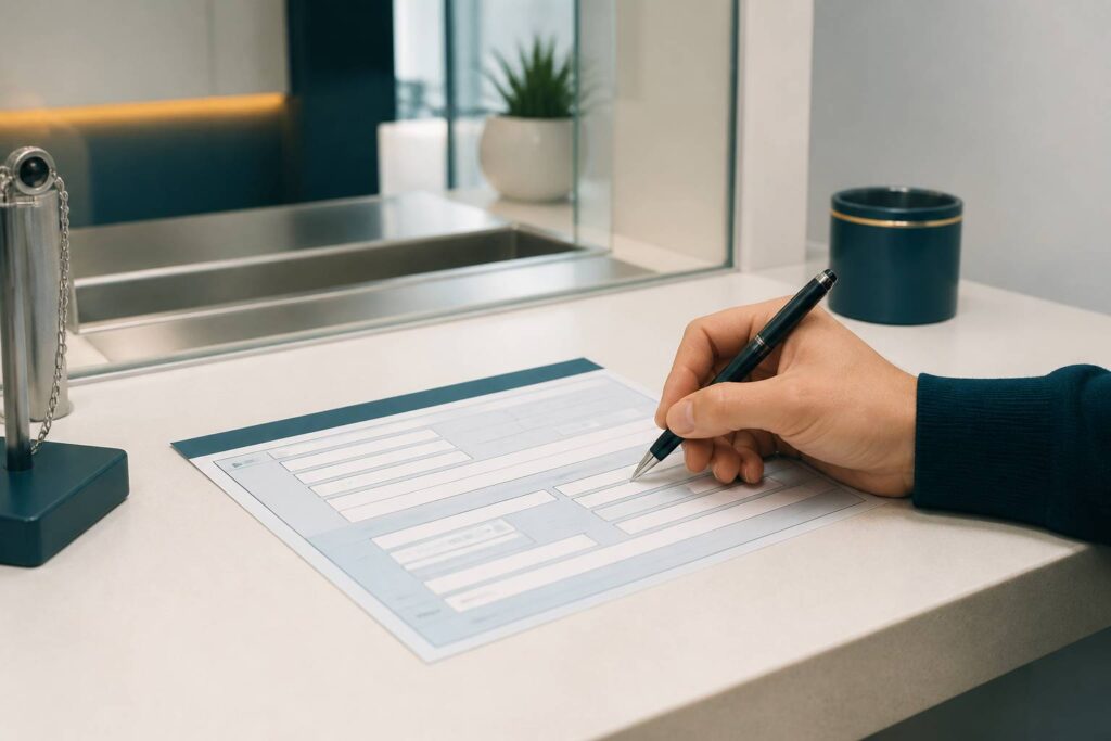 Formulaire de paiement postal rempli sur un guichet avec un stylo