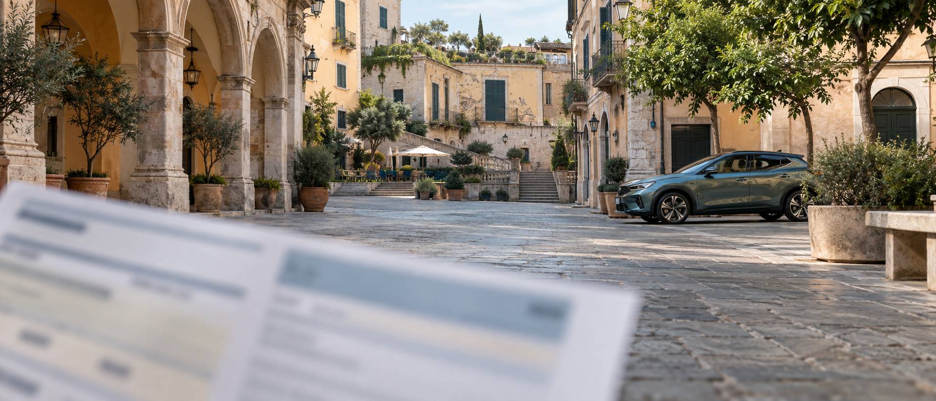 Voiture hybride garée dans une rue italienne avec documents administratifs