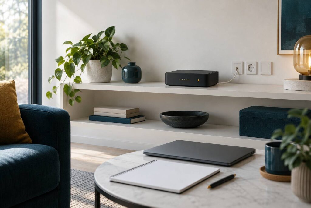Box internet générique avec câble fibre posée sur une étagère