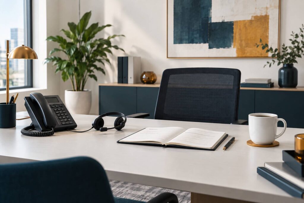 Bureau d'assistance client avec téléphone, casque et carnet de notes