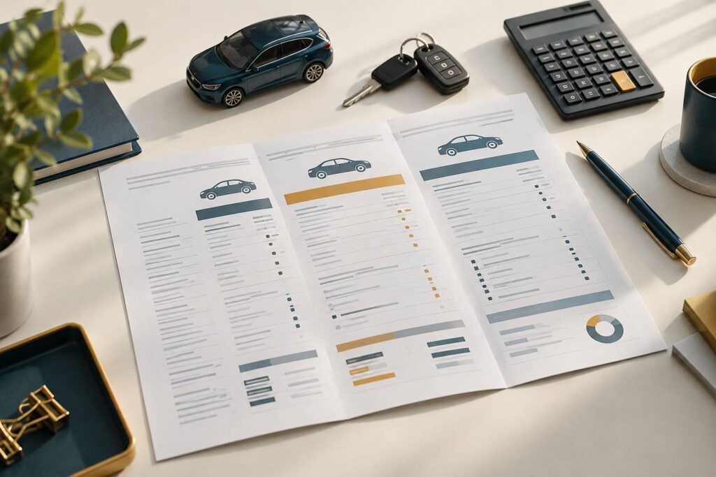 Bureau avec contrat d'assurance auto, clés et petite voiture miniature