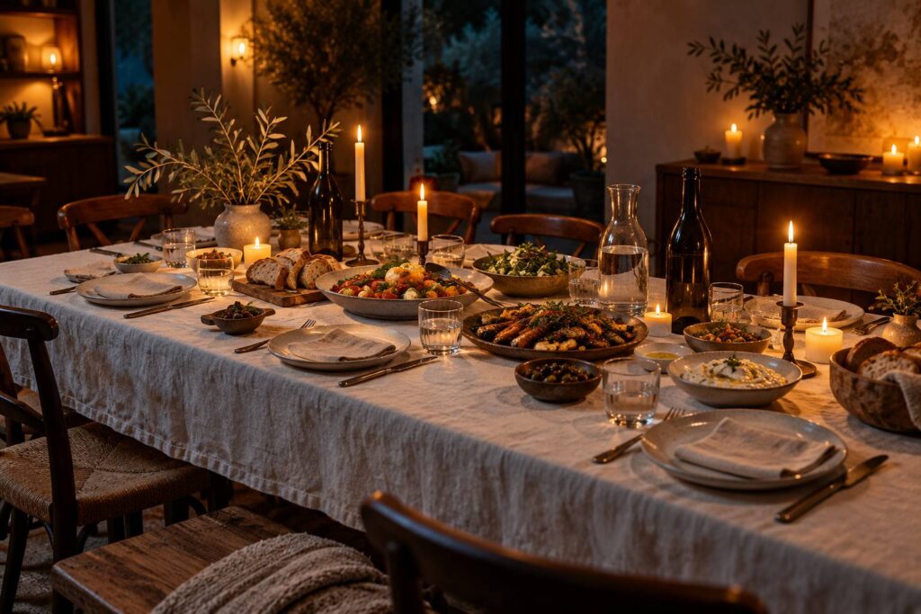 Table de diner entre amis avec plats de partage, pain et carafe d'eau