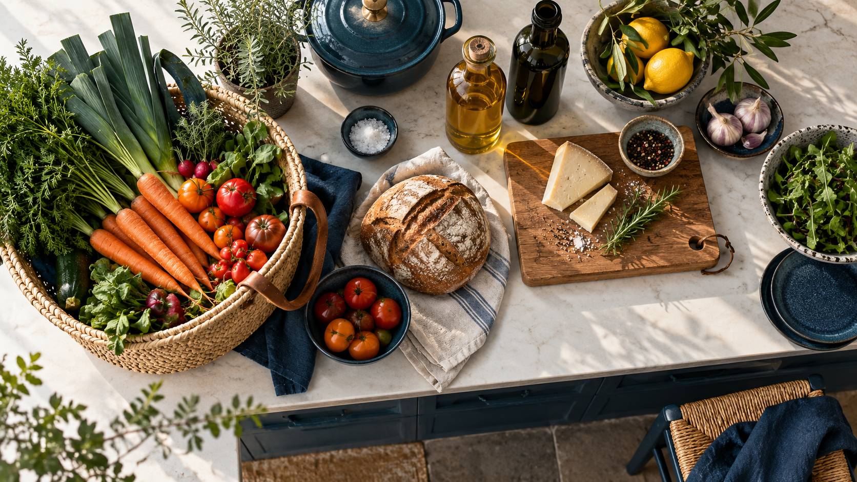 Panier de courses avec legumes, pain et fromage avant un diner a la maison