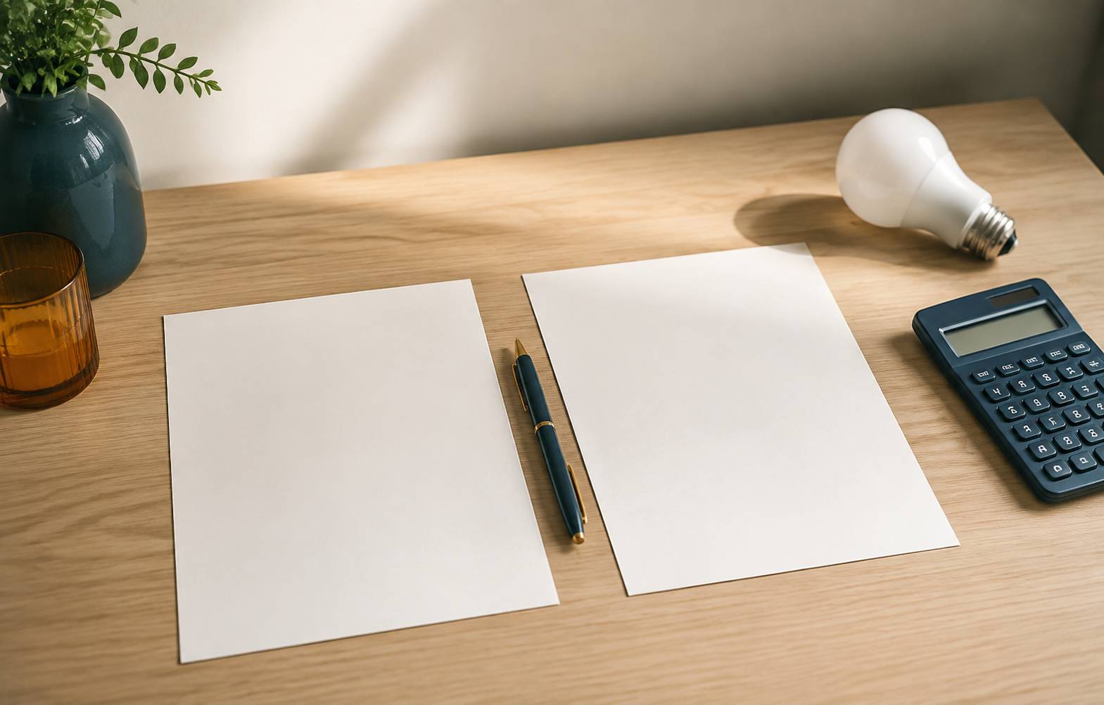 Deux documents vierges alignés avec un stylo, une ampoule LED et une calculatrice sur une table claire