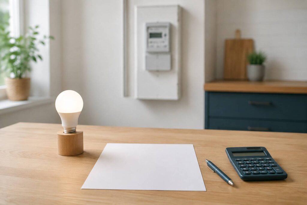 Feuille blanche vierge, ampoule LED et compteur électrique domestique sur une table claire