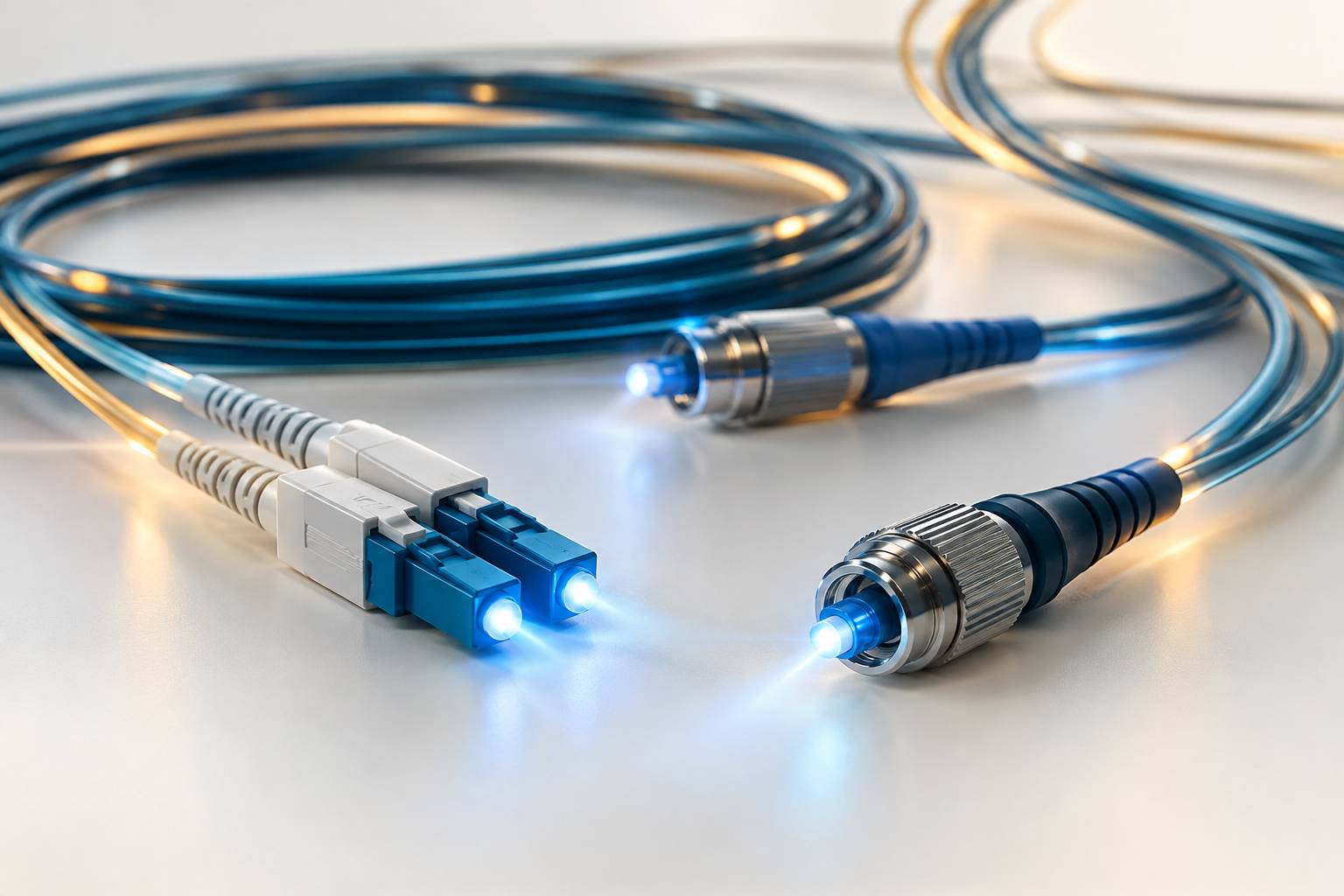 Gros plan sur des connecteurs de fibre optique aux extrémités lumineuses