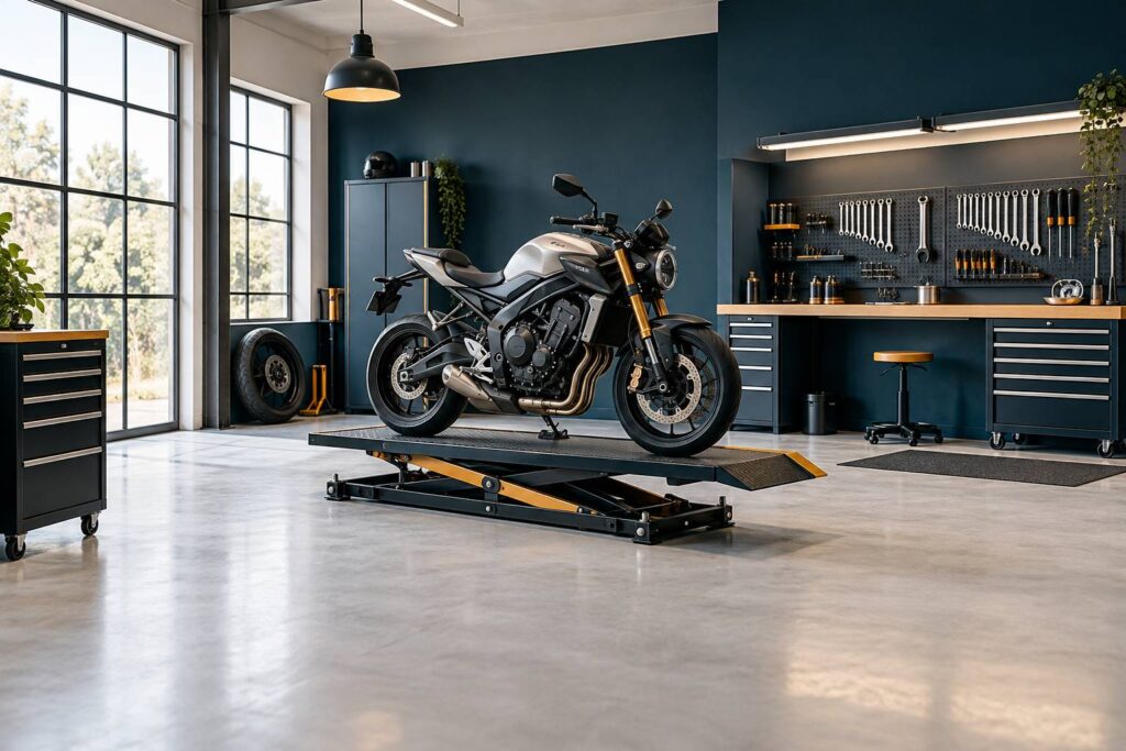 Moto generique sur un elevateur dans un atelier avec outillage range