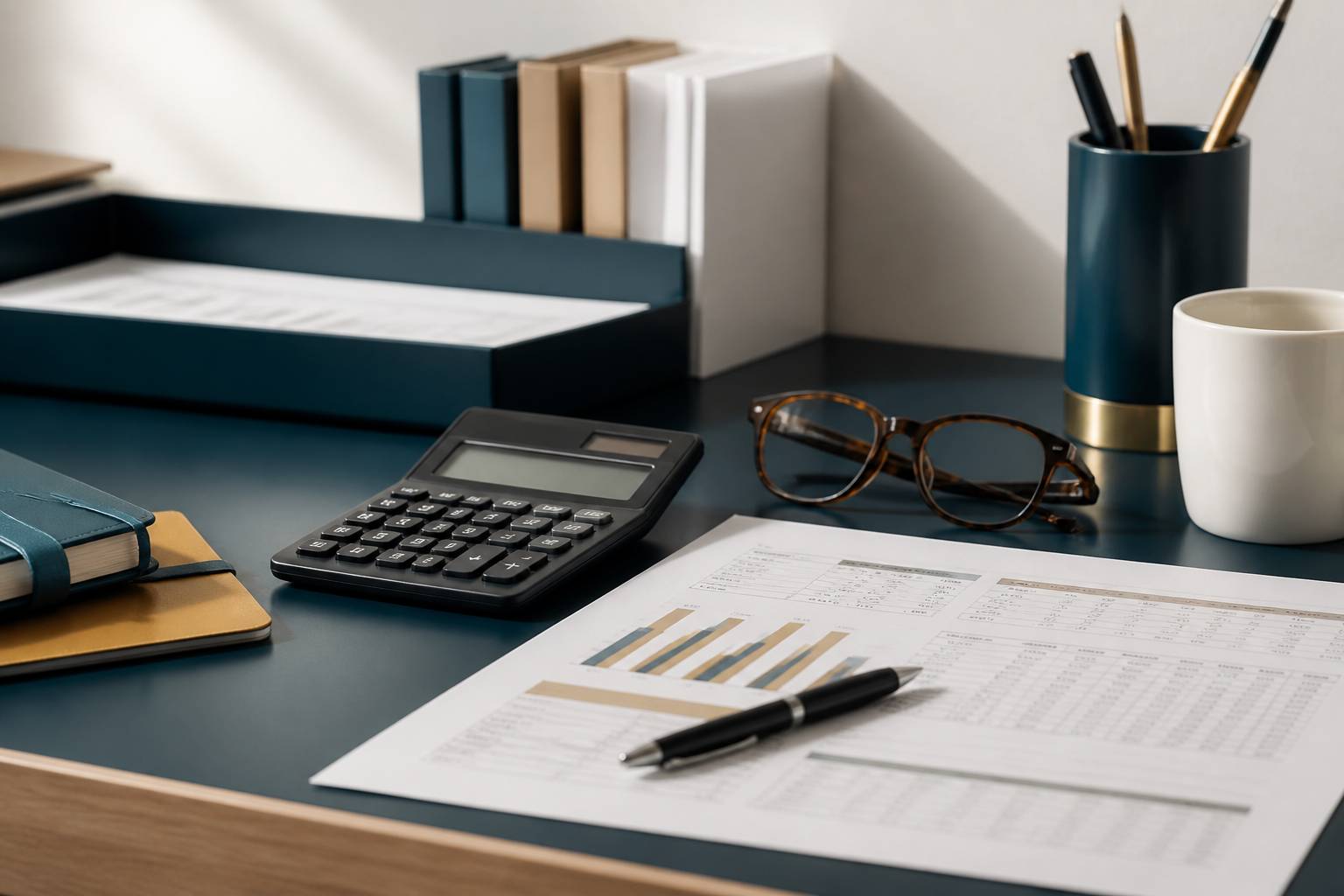 Table de travail avec calculatrice et tableaux de remboursement pour calculer le coût d'une assurance prêt