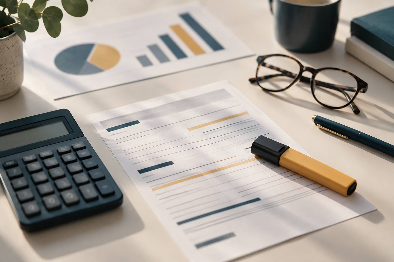 Détail d'une calculatrice, d'un formulaire et d'un surligneur sur un bureau clair