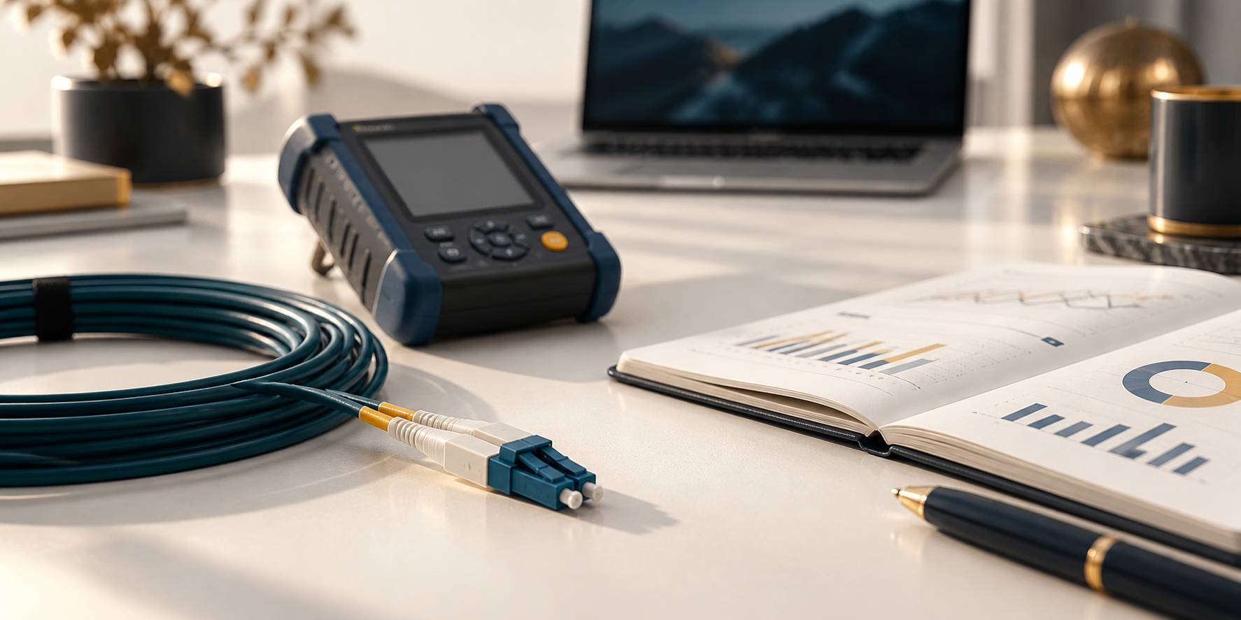Détail d'un connecteur fibre optique avec un testeur et un carnet