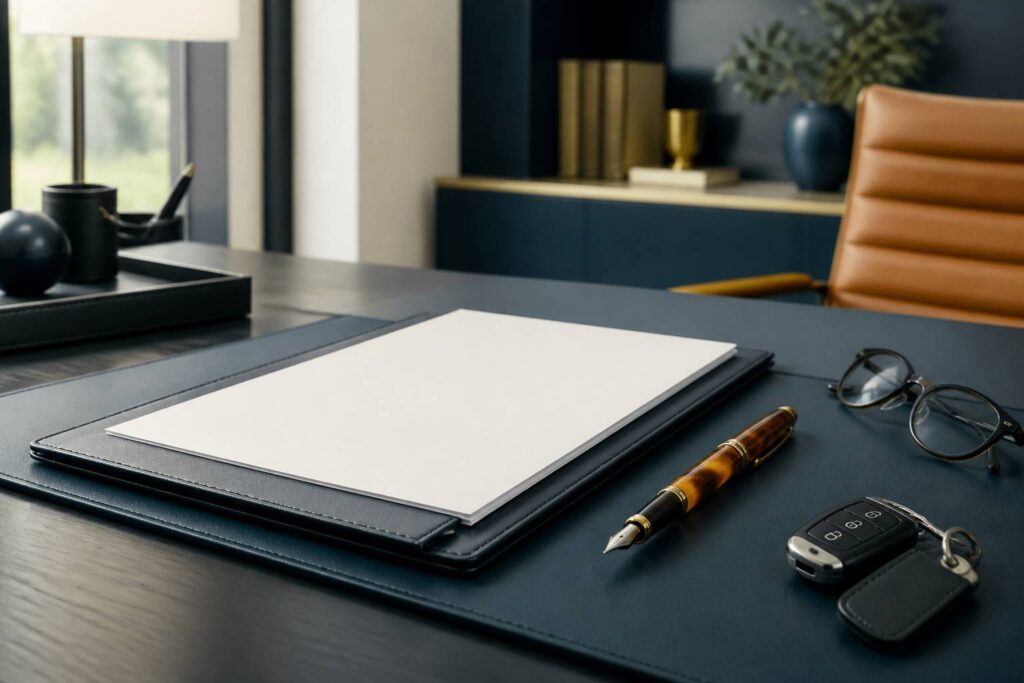 Contrat d'assurance automobile sur un bureau avec stylo-plume et clés de voiture