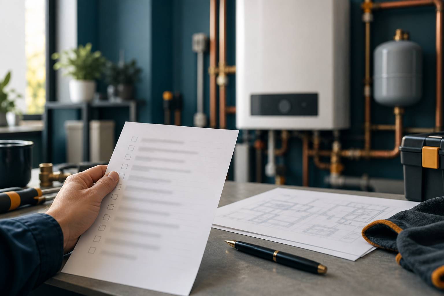 Checklist d'entretien de chaudière tenue à la main avec rapport technique