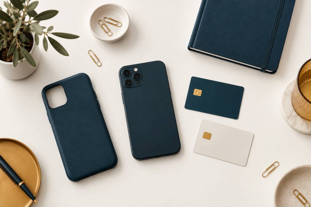 Bureau vu de dessus avec smartphone face contre table et cartes à puce