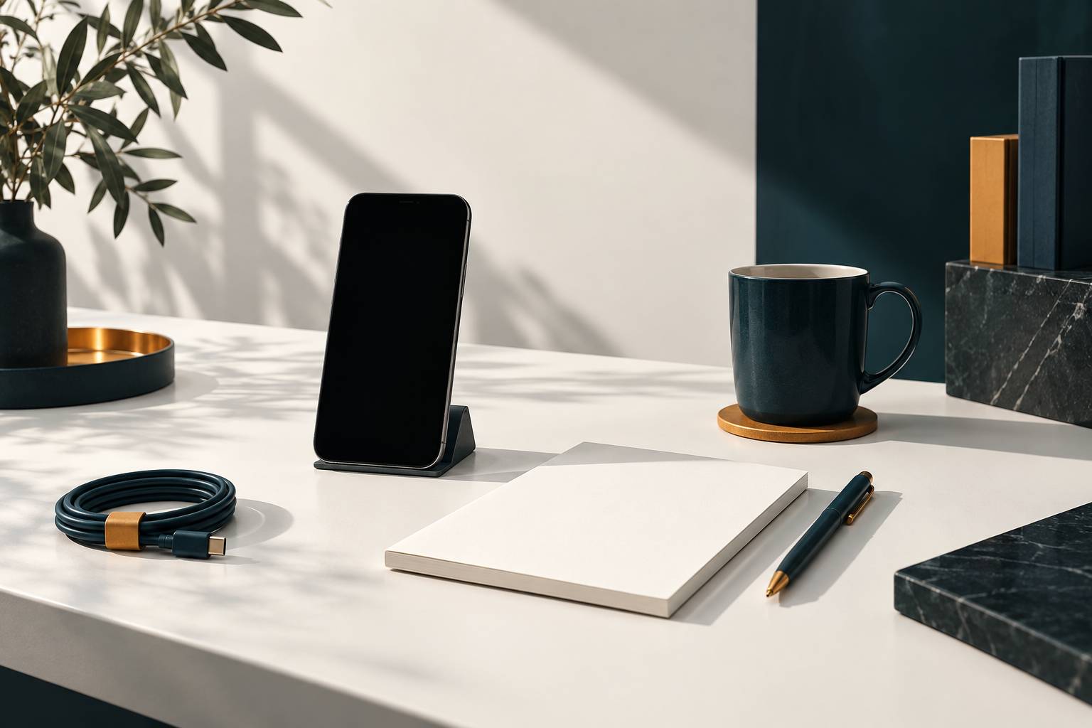 Smartphone écran éteint sur support avec bloc-notes vierge et stylo
