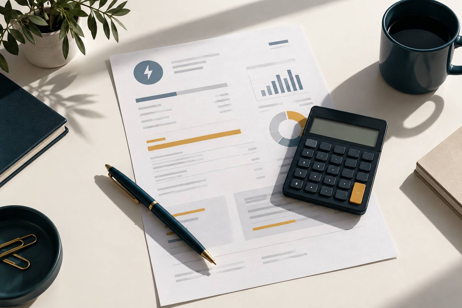 Gros plan sur une facture d'énergie, une calculatrice et un stylo