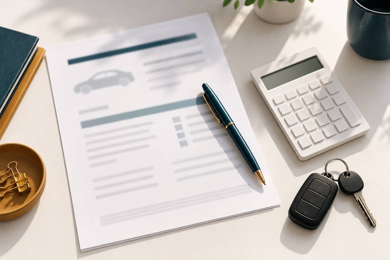 Gros plan sur un document d'assurance auto avec stylo et clés de voiture