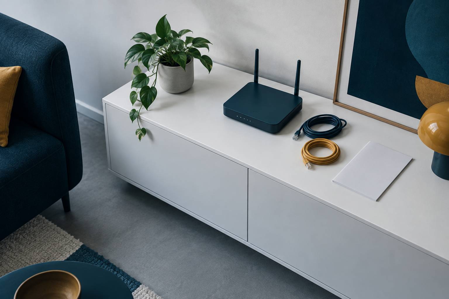 Routeur domestique et cables reseau sur un meuble bas avec plante