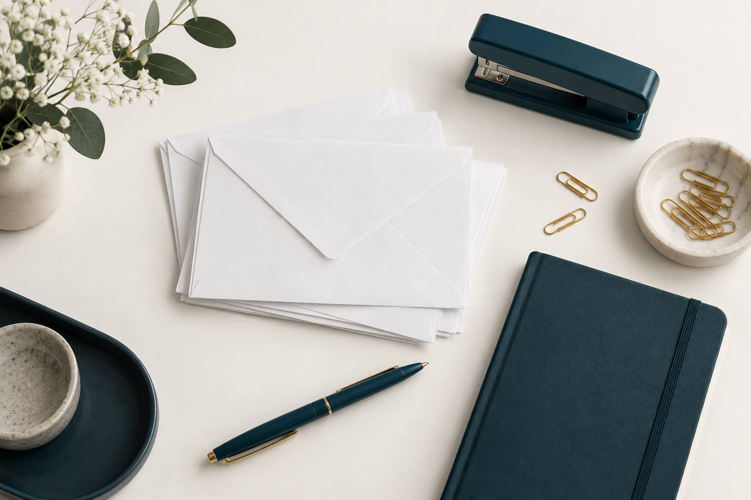 Enveloppes et fournitures de bureau alignées sur un plan de travail