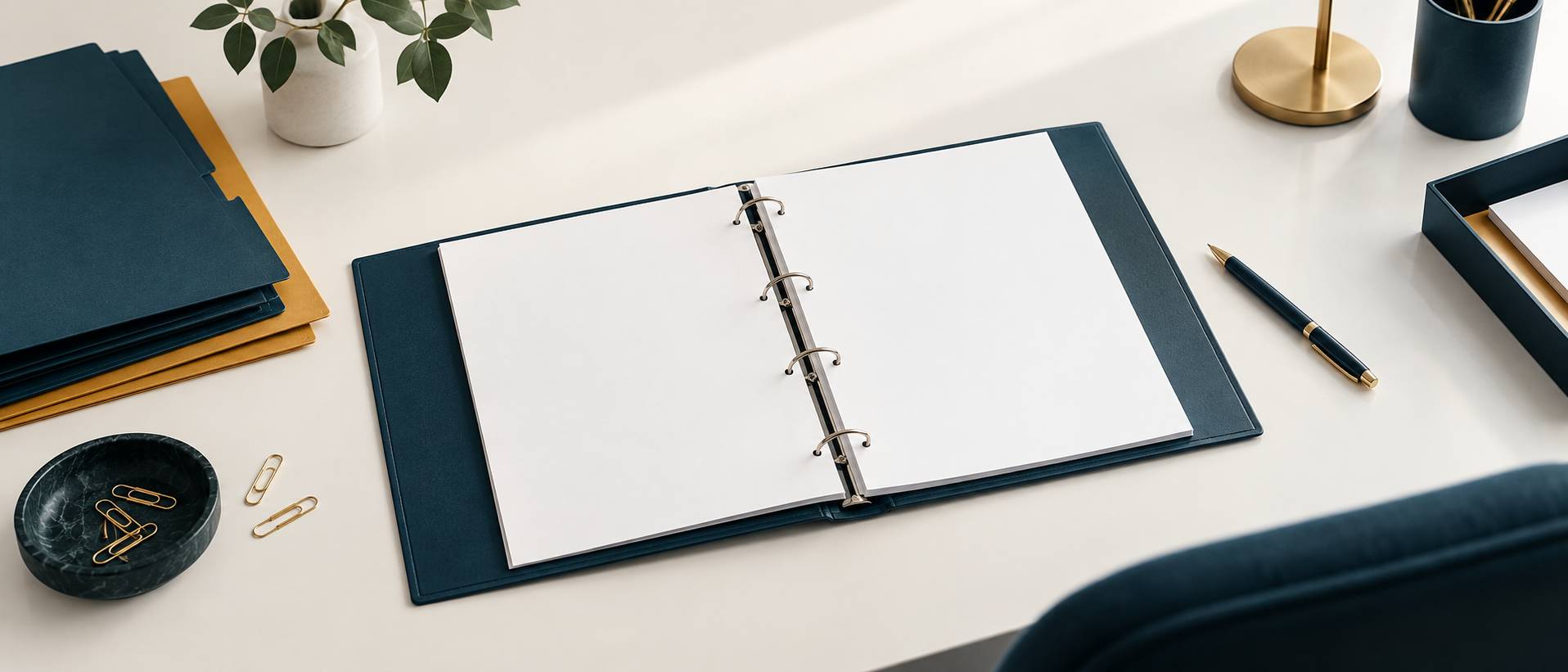 Classeur ouvert sur un bureau avec chemises cartonnees et trombones