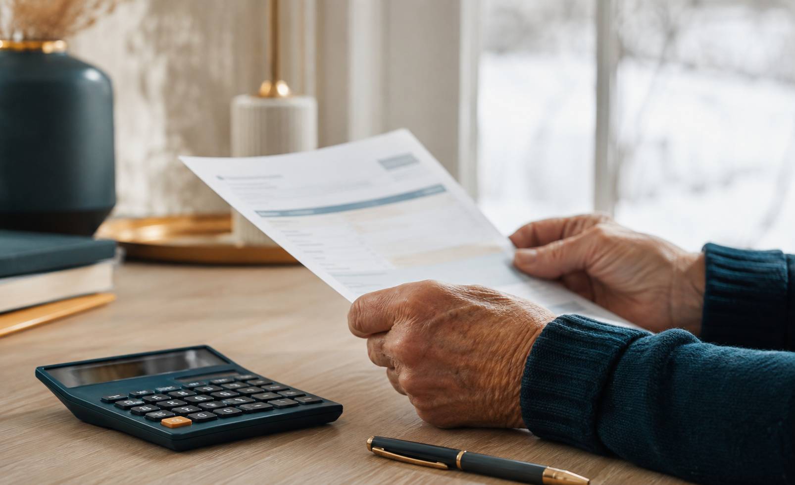 Mains âgées tenant un relevé de pension et une calculette au-dessus d'une table en bois clair