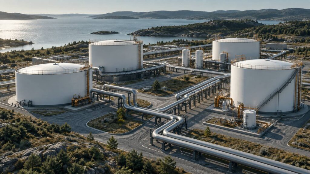 Conduites et cuves de gaz vues d'en haut sur un site de stockage