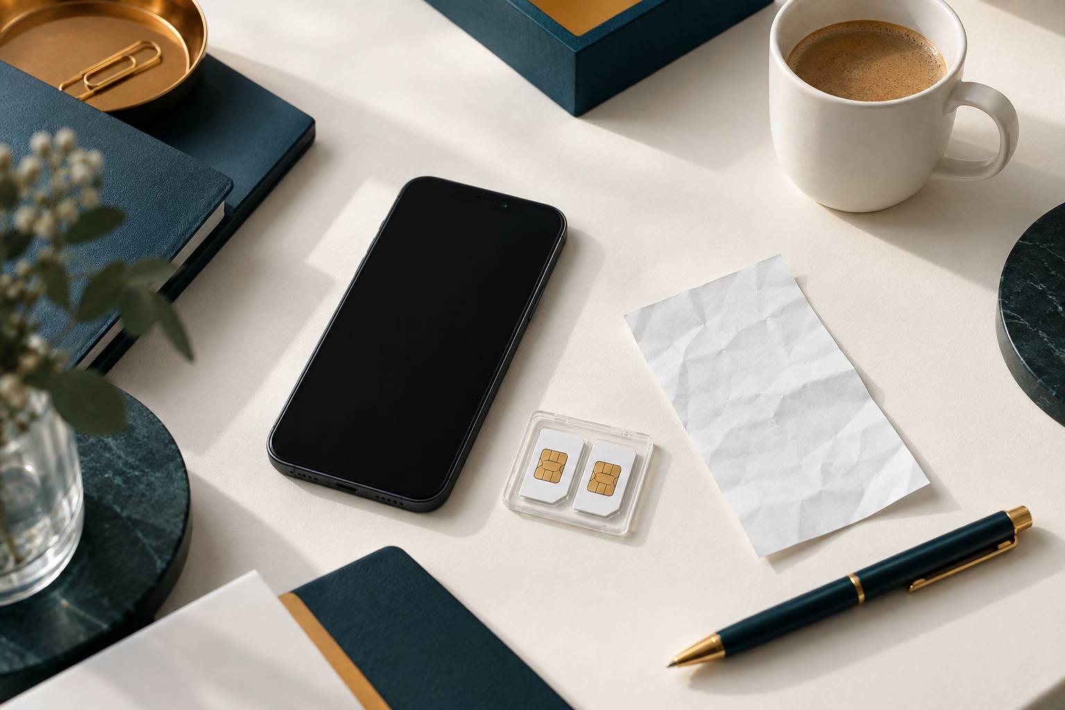 Telephone, cartes SIM et recu froisse sur un plan de travail