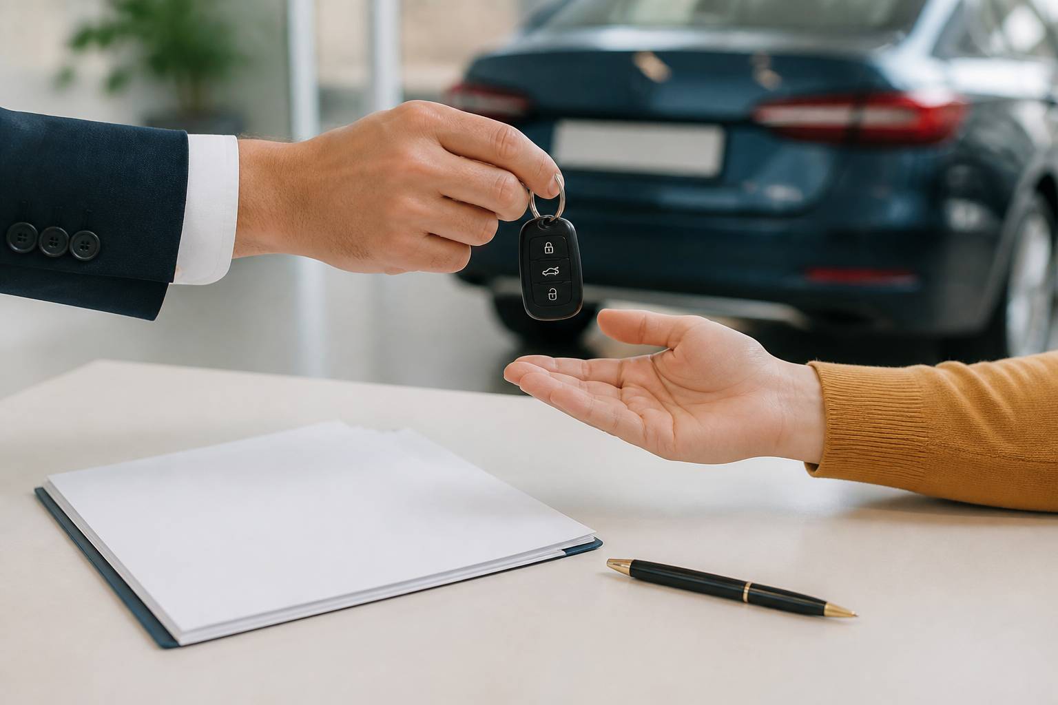 Remise des clés lors d'une vente de voiture d'occasion avec documents de cession