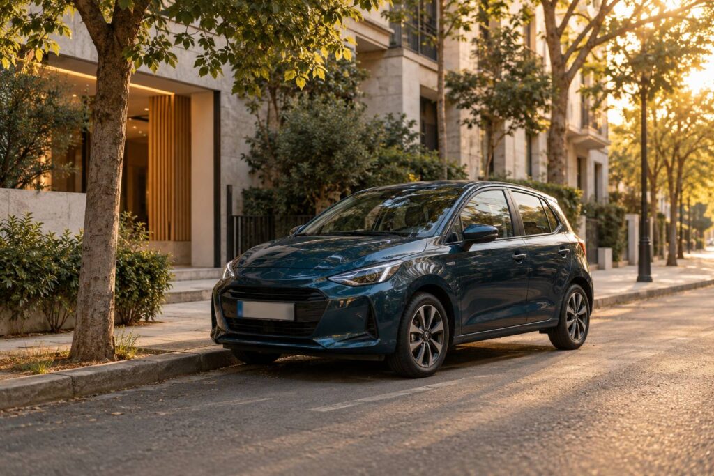 Petite voiture citadine sobre garée le long d'un trottoir arboré