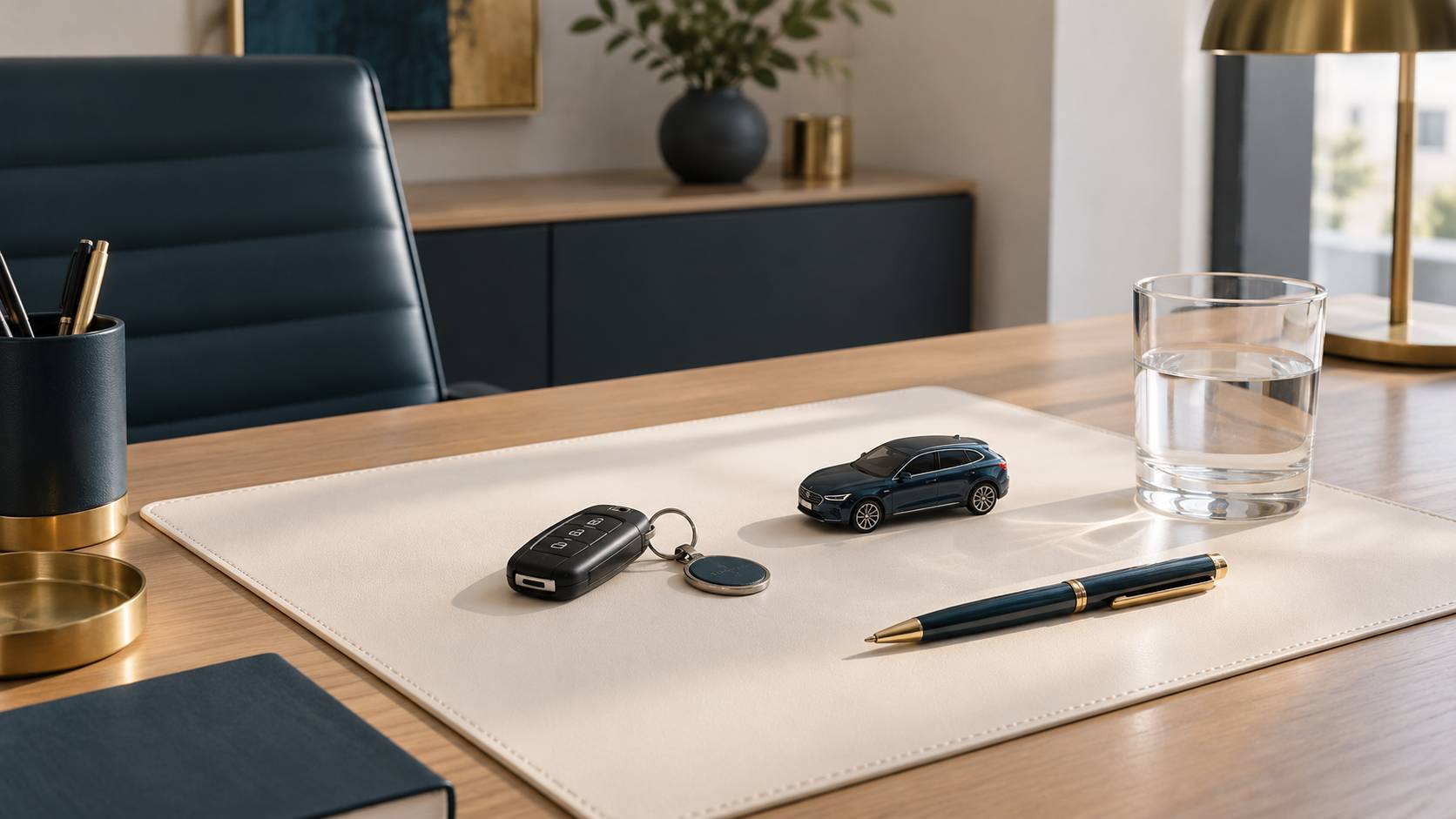 Clé de voiture et stylo posés sur un bureau administratif épuré