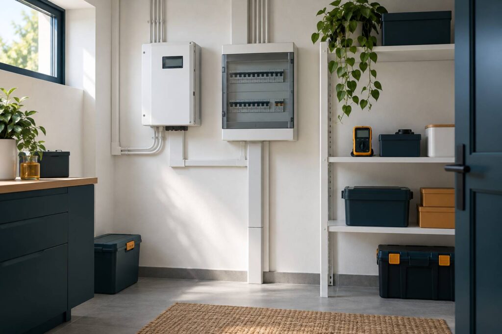 Compteur electrique mural a boitier uni avec disjoncteurs sous capot