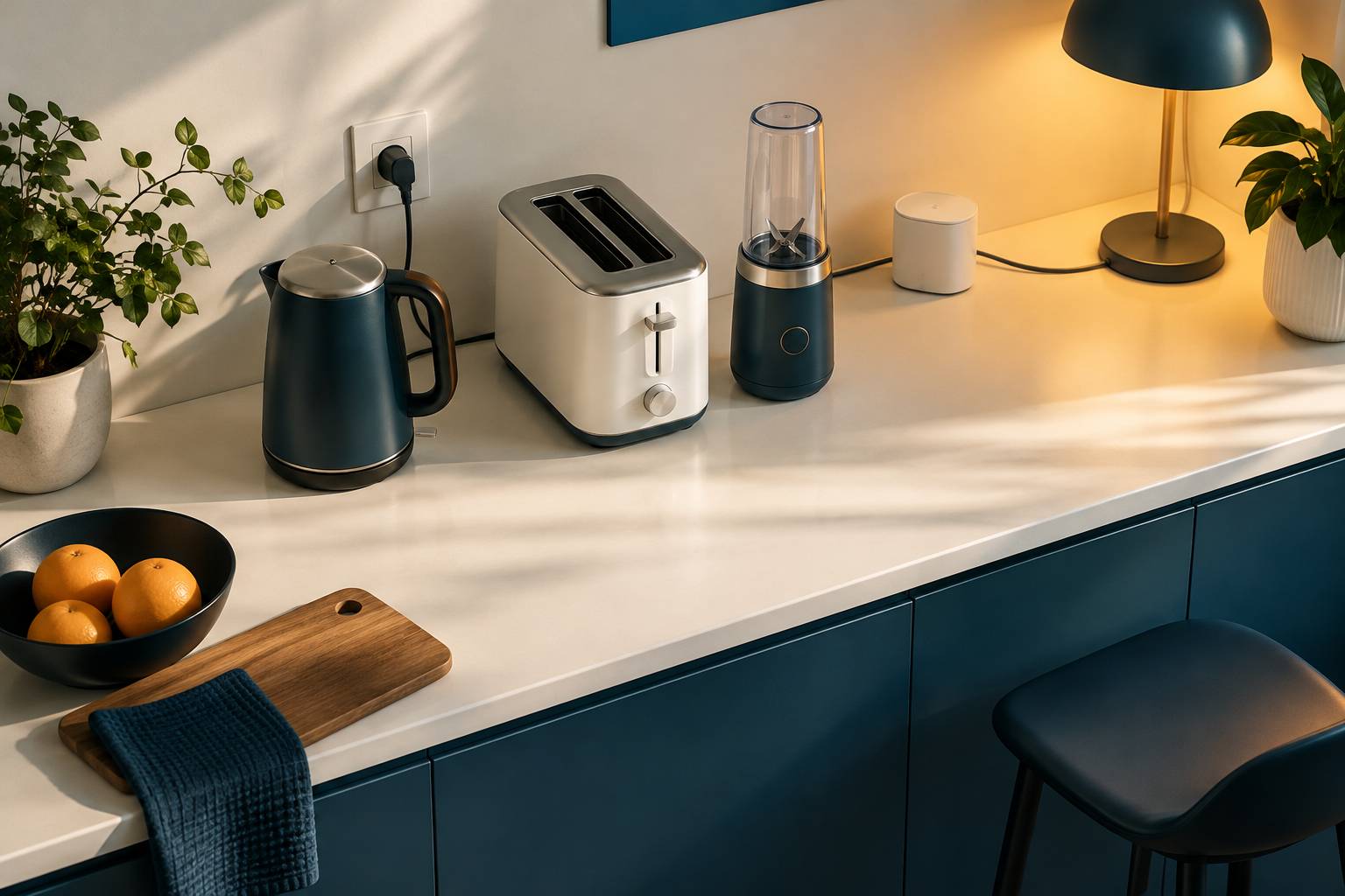 Petits appareils electromenagers et prise branchee sur un plan de travail