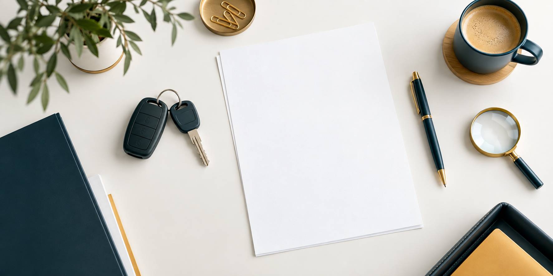 Cles de vehicule, document et loupe sur un bureau clair