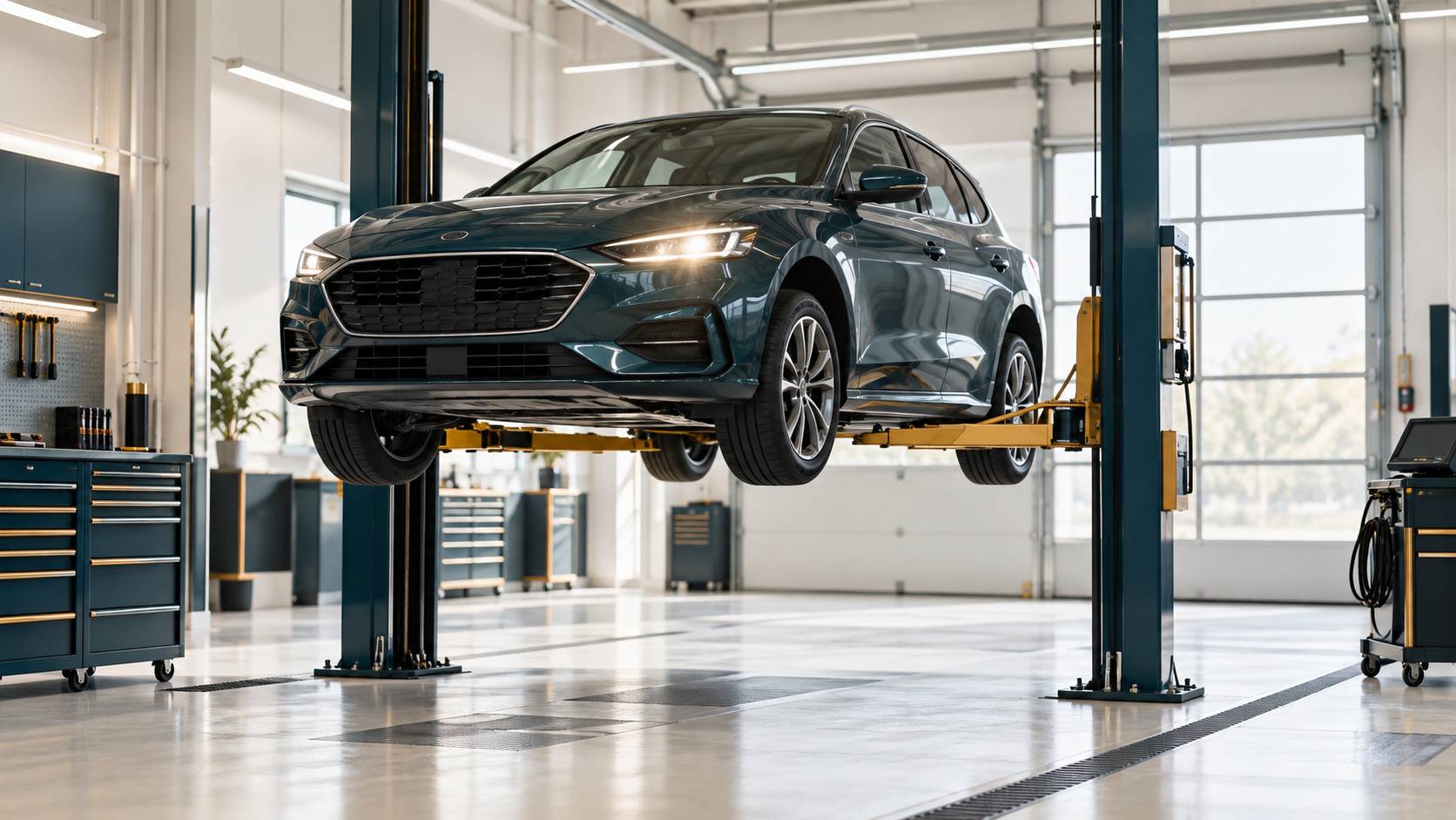 Voiture neutre sur un pont elevateur en atelier de controle