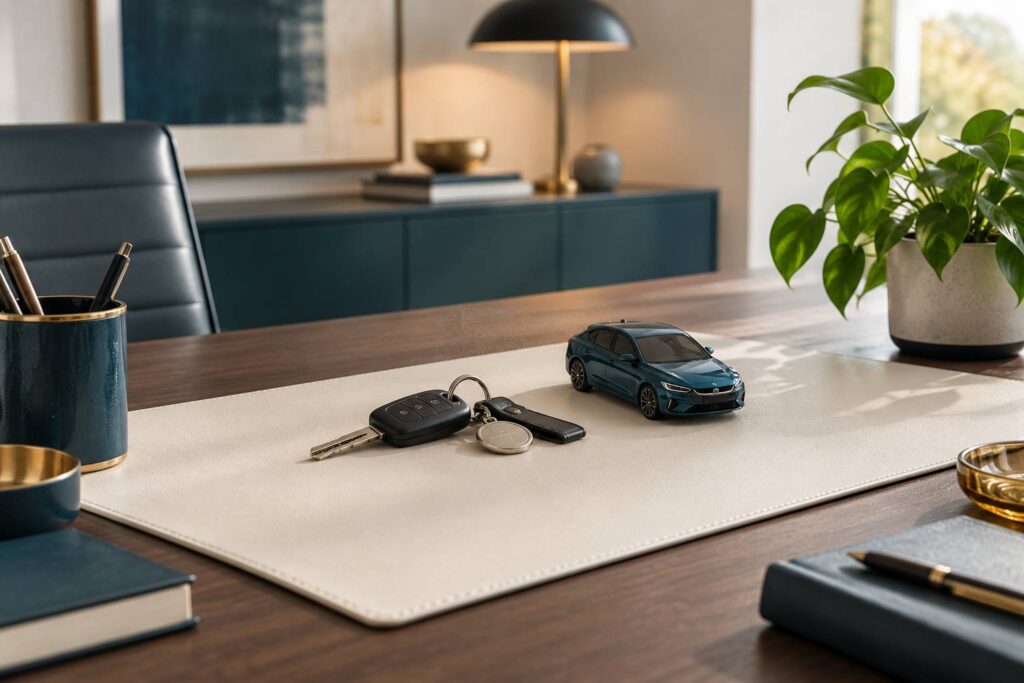 Bureau sobre avec cles de voiture generiques et petit modele reduit