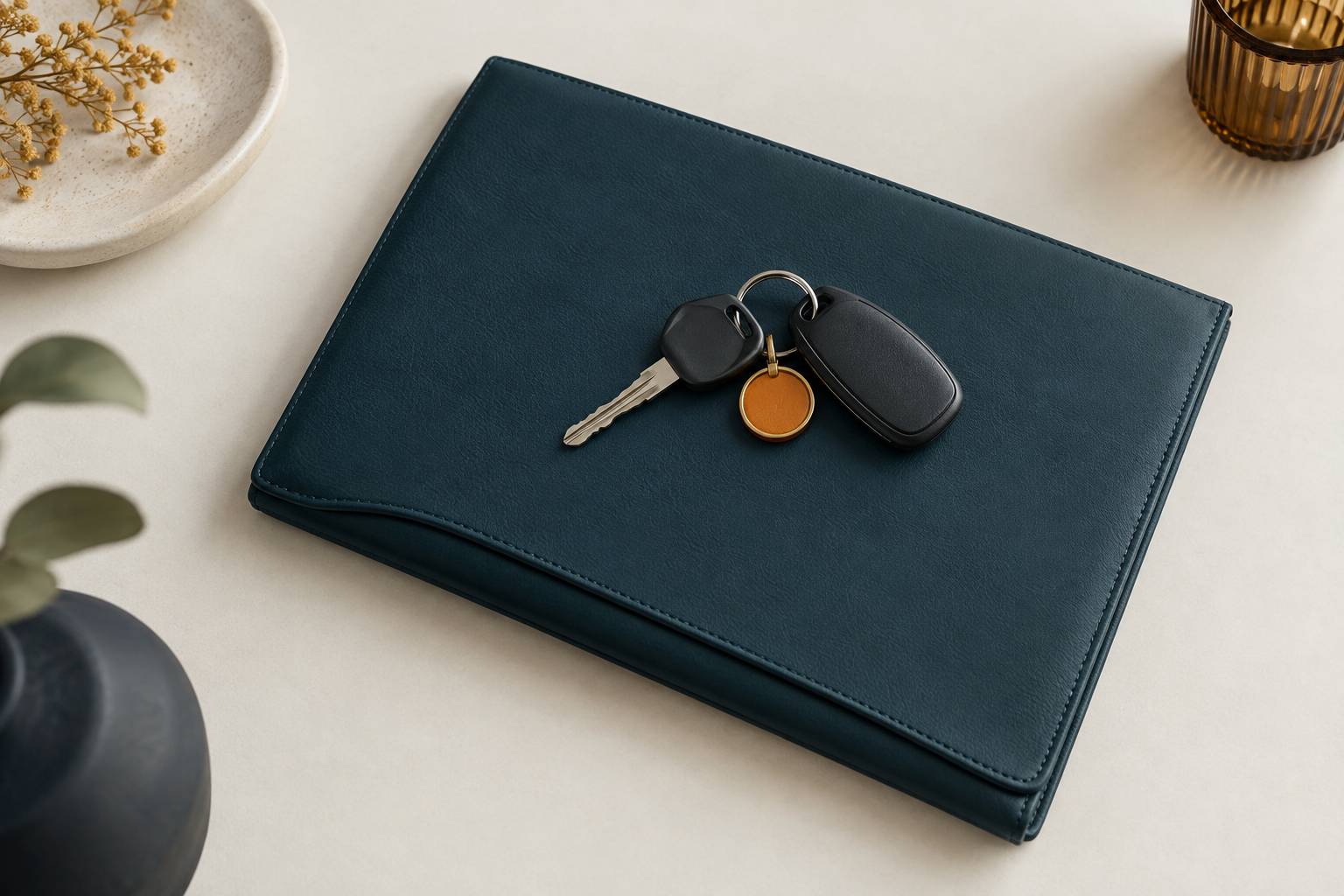 Pochette de documents fermee avec un jeu de cles de voiture pose dessus